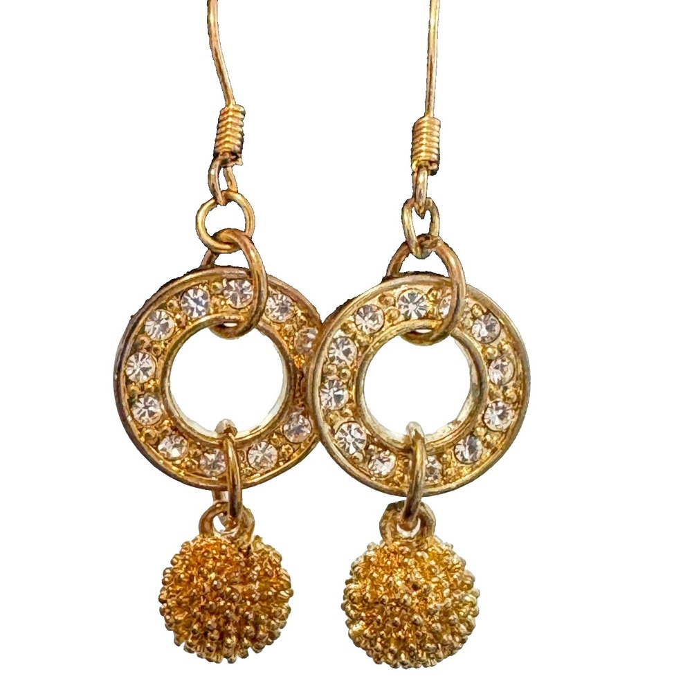 Dangle Earings Textured Gold Tone Crystal Rhinestone Embellished Round Hoop Time